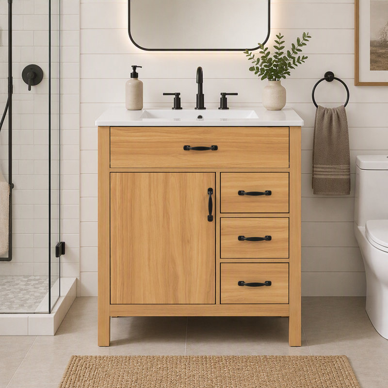 Meuble-lavabo de 76 cm avec tiroir rabattable et tablette de rangement à porte