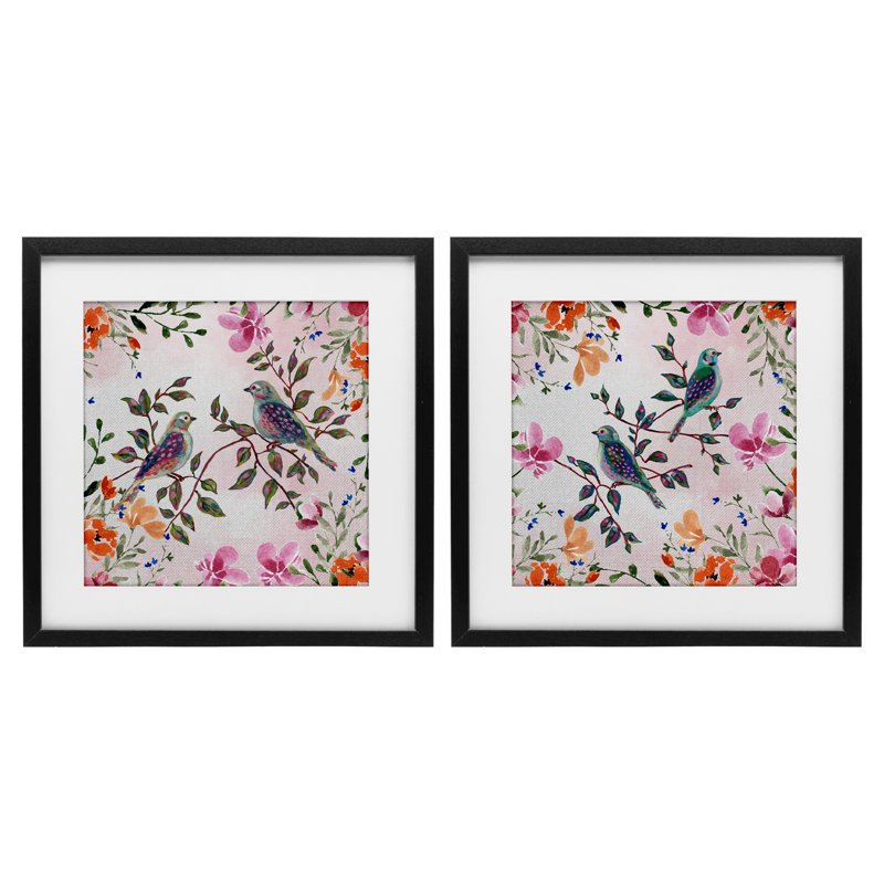 Bird Pairs & Country Florals, ensemble de 2 reproductions encadrées sous verre, par Adonna Ebrahimi, H 16 po x l 16 po