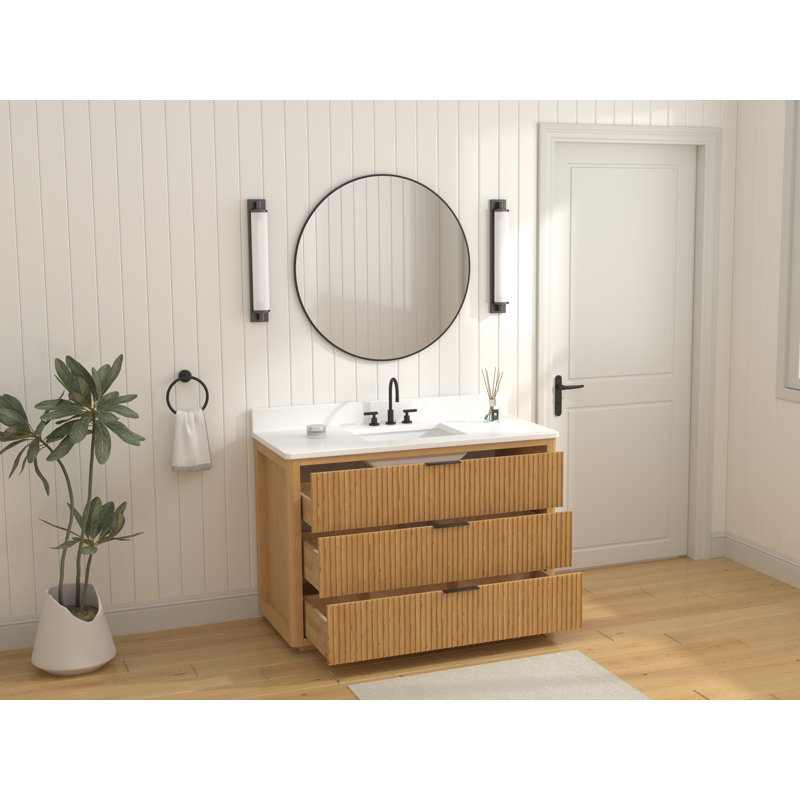 Meuble-lavabo autoportant moderne en chêne doré Coris de marque Tennant, 48 pouces, lavabo simple, comptoir en quartz blanc, entièrement assemblé