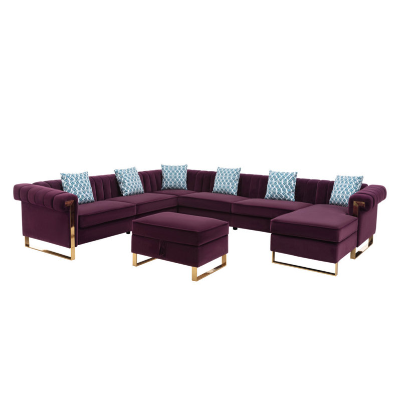 Modern Sofa 130.5" Velvet 8-Seater Sectional Sofa With Reversible Chaise And Storage Ottoman, Mauve