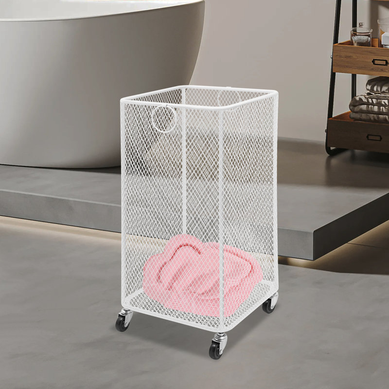 Metal Mesh Rolling Laundry Basket, White