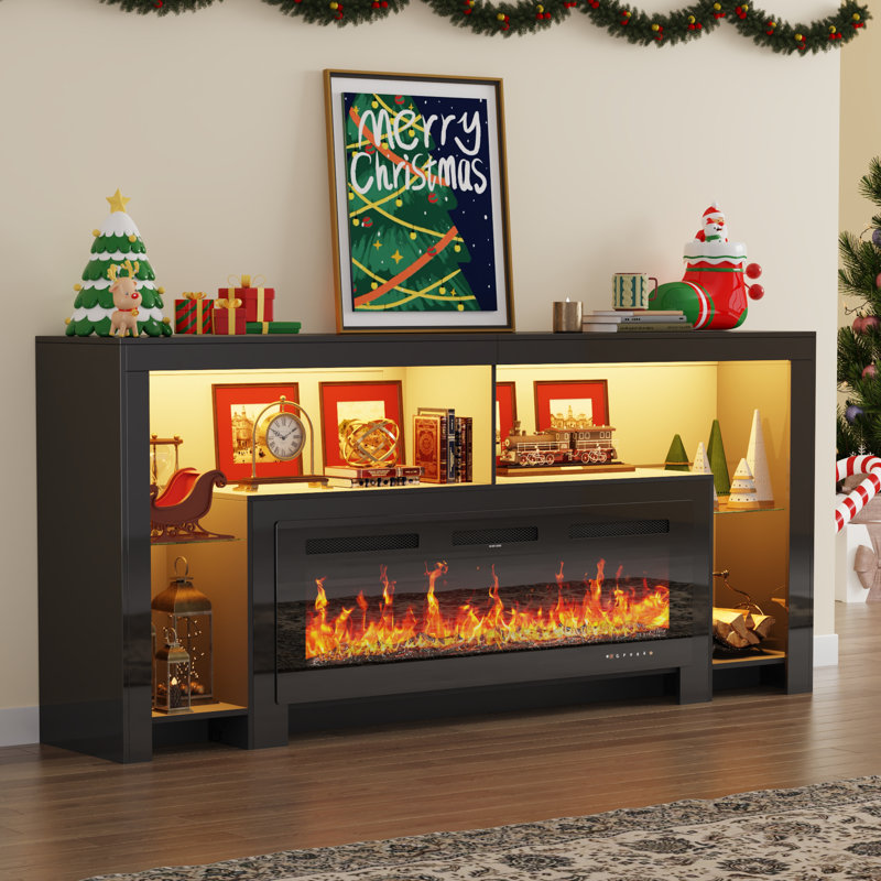 Aitan 83" Fireplace TV Stand For 85/90''TV With 50'' Fireplace And LED Lights, 38"H x 83"L x 16"D, Black, With Fireplace