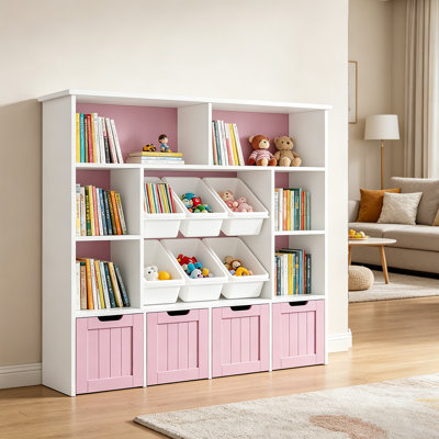 Bibliothèque pour enfants avec 4 tiroirs mobiles et 6 casiers de rangement, bibliothèque de rangement de jouets pour salle de jeux pour enfants