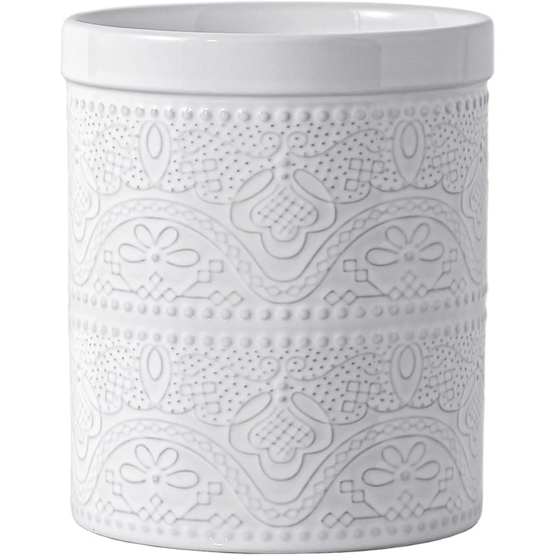7.2" Super Large Ceramic Utensil Holder (Bright White, Lace Emboss), Bright White