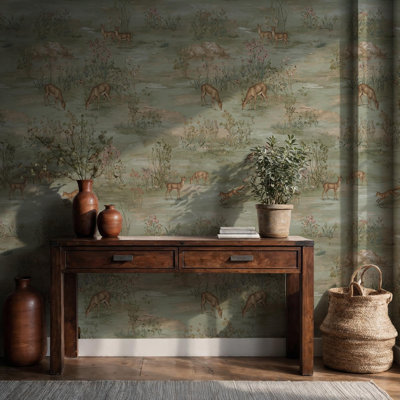 Papier peint mural vintage animaux de la forêt | Forêt de chevreuils | Intissé ou autocollant