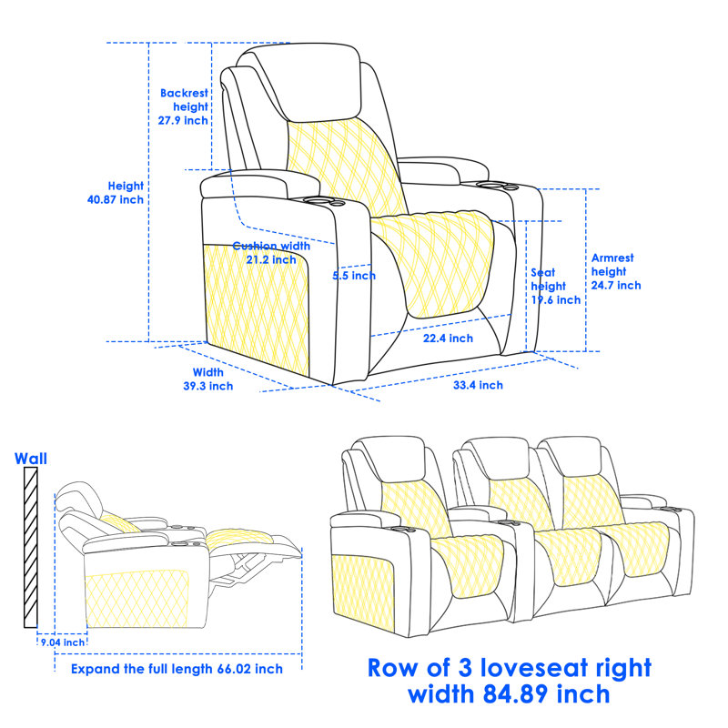 Top Grain Leather Home Theater Seating 7 Color Ambient Lighting Row Of 3 Loveseat Right, Blue