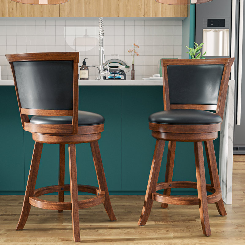 Swivel Upholstered Bar Stool with Solid Wood Frame for Kitchen, Bar Stool (29" Seat Height), Black Seat/Brown Base