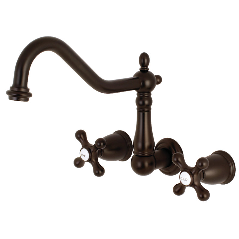 Kingston Brass Heritage Double-Handle 3-Hole Wall-Mount Kitchen Faucet, Oil Rubbed Bronze