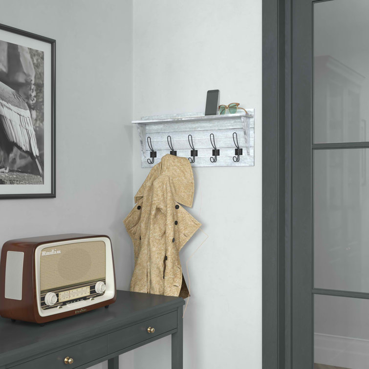 Nariaki Wall Mounted Solid Pine Wood Storage Rack with Upper Shelf and 5 Hanging Hooks