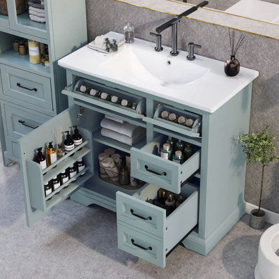 Meuble-lavabo 36 po avec lavabo en céramique - 2 tiroirs basculants et 2 tiroirs profonds, porte à fermeture en douceur avec organisateurs et tablette réglable, structure en bois d'hévéa pour la salle de bain