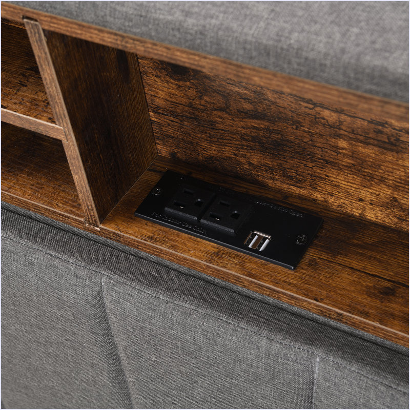 Lit plateforme tapissier avec tête de lit et port USB, Gris, Grand lit