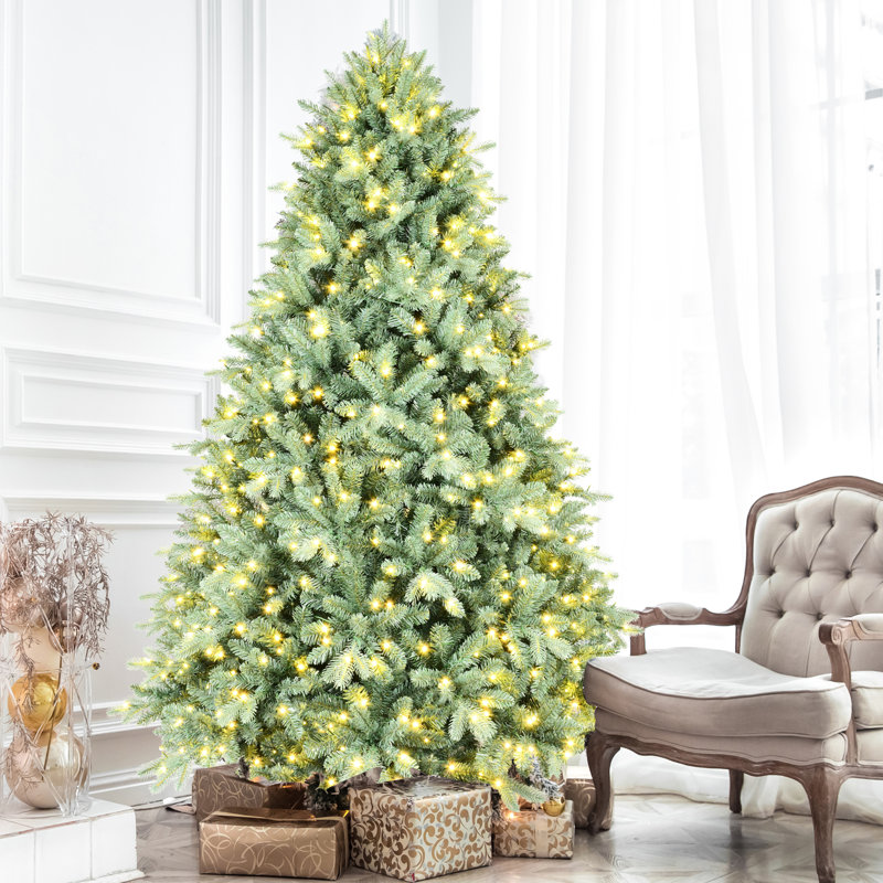Arbre de Noël de 5 pi avec 300 lumières à DEL blanc chaud, couleur bleue, 1194 pointes, branches articulées pour une installation simple, base en métal, abat-jour de fête moderne, installation facile avec support PE +