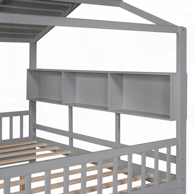 Lit double en bois avec tiroirs, Double , Gris
