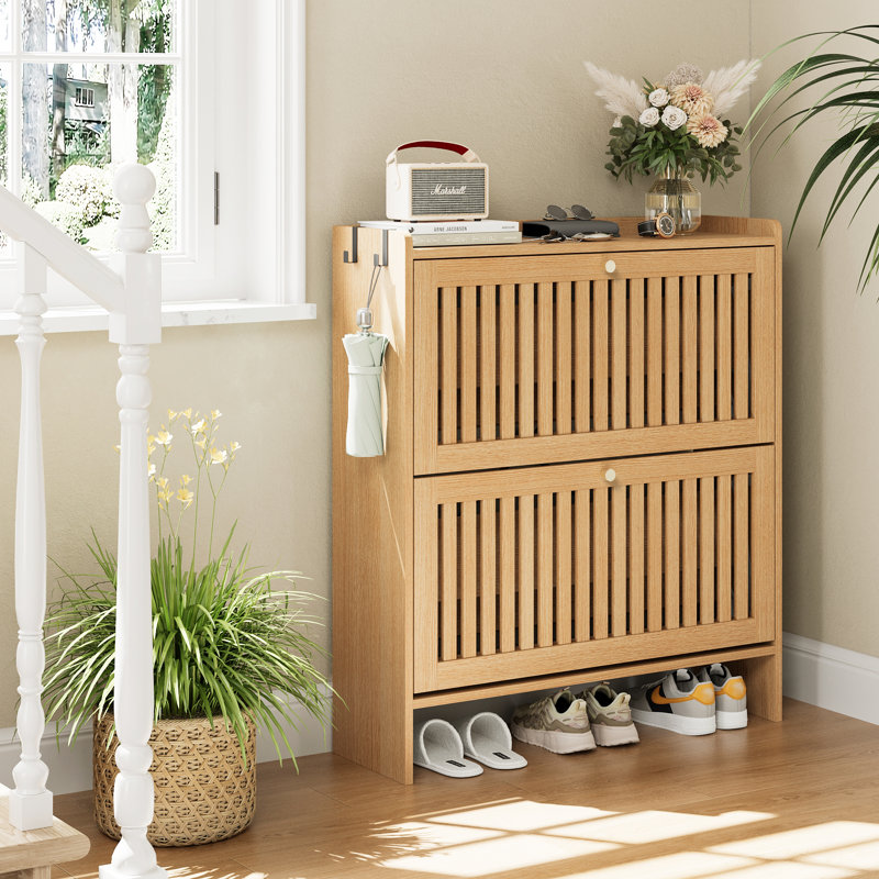 Armoire de rangement pour chaussures 16 paires avec 2 tiroirs rabattables et tablettes réglables, Bois naturel