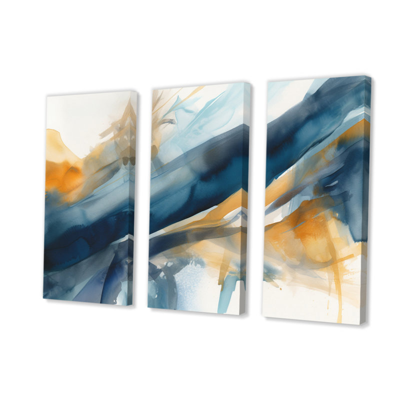 «Blue and Gold Fusion I», reproduction de toile tendue 3 pièces, H 40 po x l 60 po x P 1 po