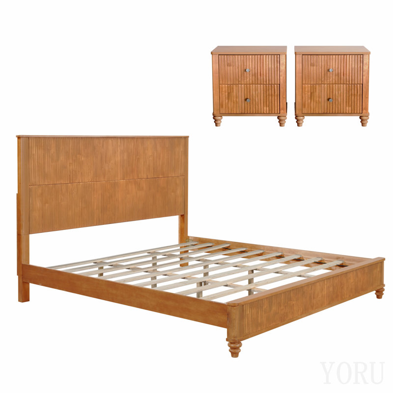 Ensemble de chambre à coucher 3 pièces avec un très grand lit et 2 tables de chevet, naturel, King