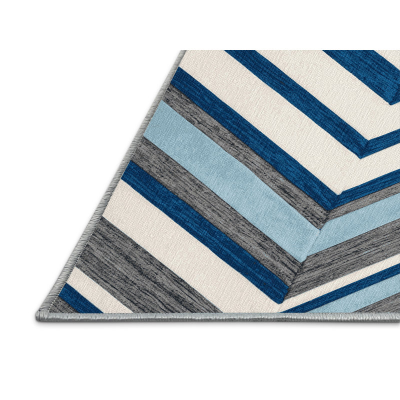  Tapis lavable rayé bleu clair et gris clair, Rectangulaire 3 pi x 5 pi