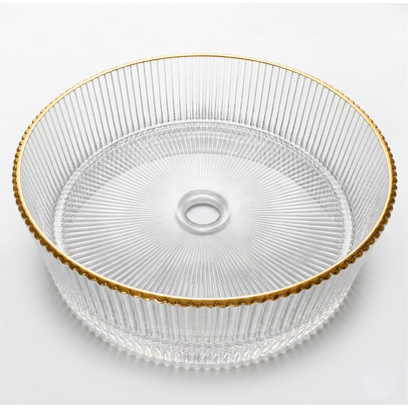 Lavabo de salle de bain vasque rond en verre cannelé 16 po Timeless, Transparent / Doré