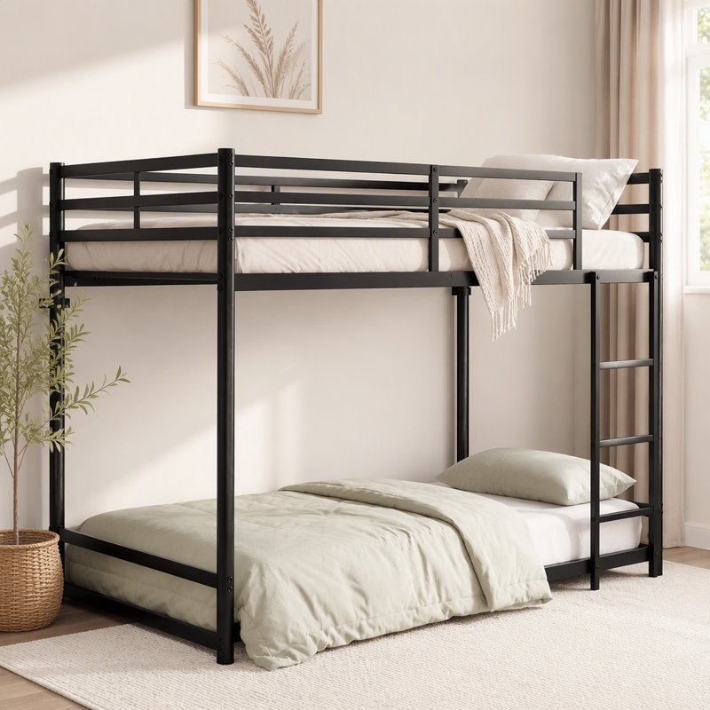Lit superposé avec échelle et lit superposé en métal à garde-corps haut, espace de rangement, silencieux, taille simple sur simple, noir