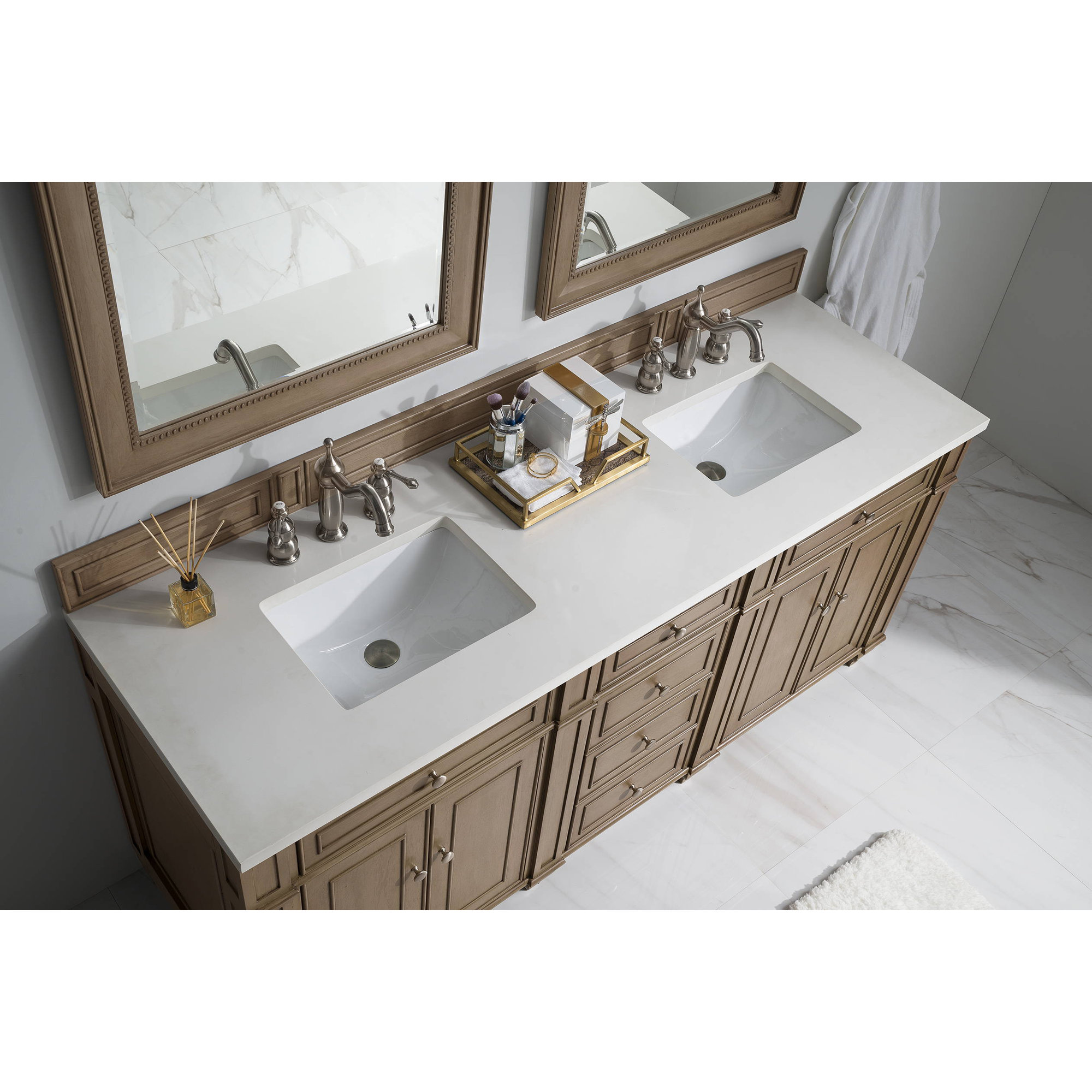 Bristol 72'' W Double Vanity, White Zeus, Whitewashed Walnut, 8" Widespread