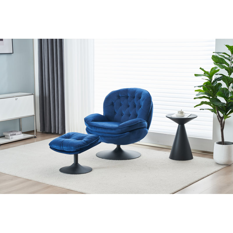 Zenon Velvet Swivel Accent Chair with Ottoman, Navy Velvet