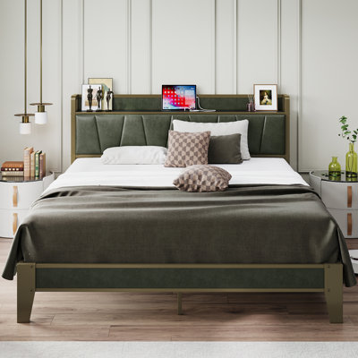 Lit plateforme tapissier vert foncé avec tête de lit et station de charge