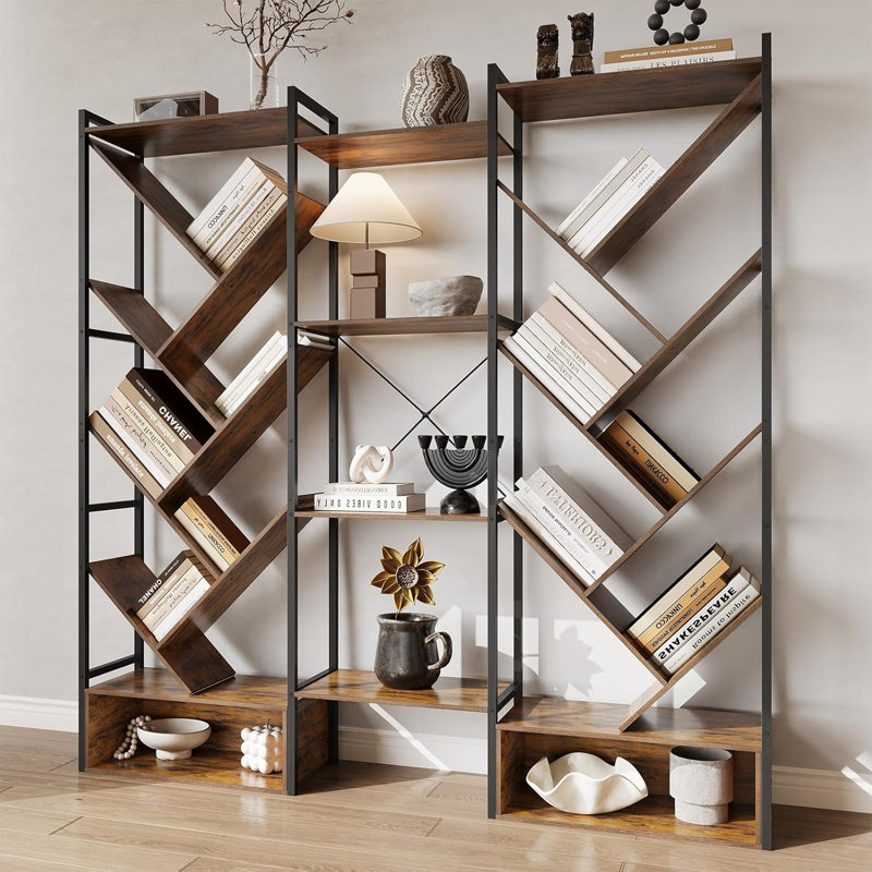 6-Tier Triple Bookshelf, Engineered Wood and Metal Frame, 24 Open Shelves, Industrial Style for Living Room and Home Office