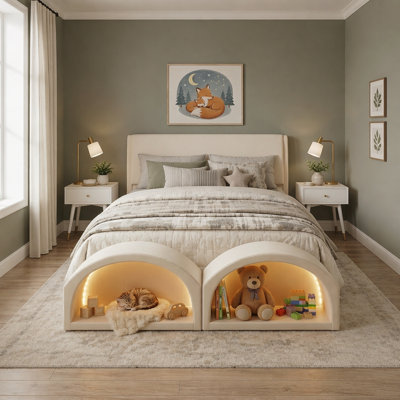 Lit plateforme tapissier avec grottes pour chat