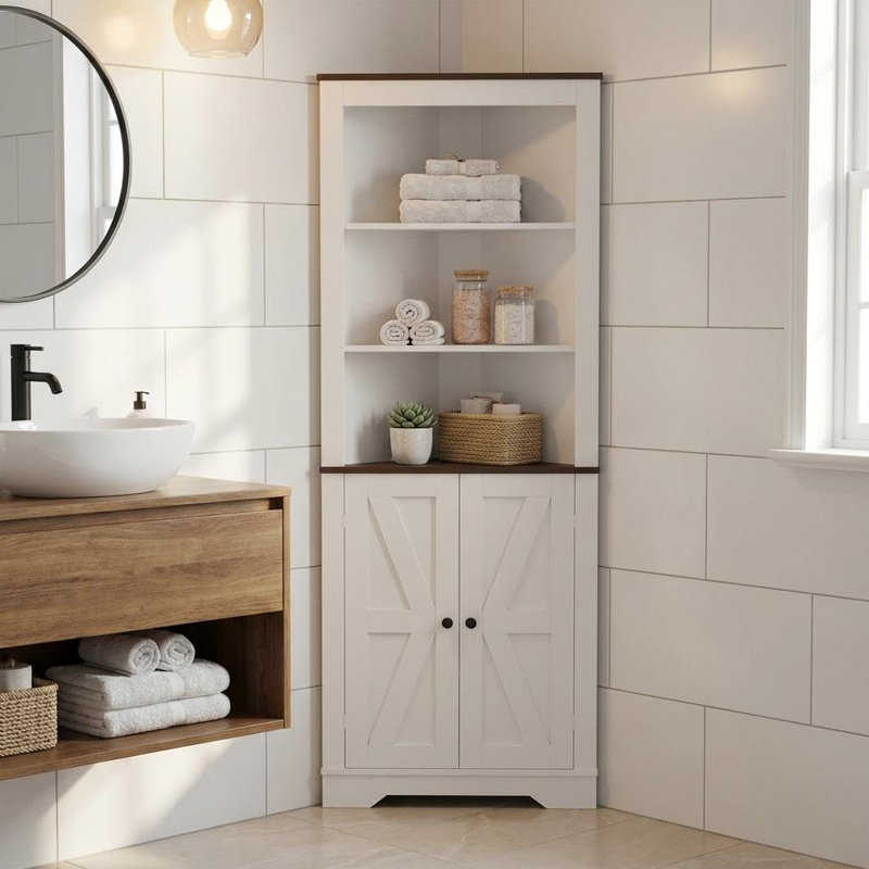 Armoire de rangement d'angle, petite armoire de plancher Farmhouse avec porte et tablettes réglables, organisateur étroit pour salle de bain, cuisine, salon ou garde-manger