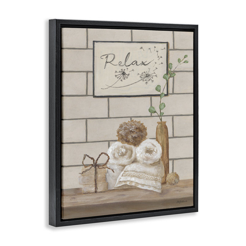 «Relax Bathroom Scene», art mural encadré gris sur toile flottante par Pam Britton, Cadre flottant noir de jais