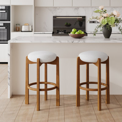 Lunara Mid-Century Modern Rubberwood Upholstered Barstools With Curved Back And Footrest