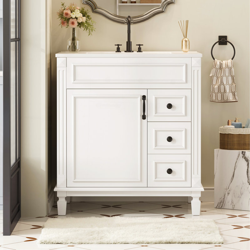 Meuble-lavabo de 30 po avec lavabo en céramique, petite armoire de salle de bain, armoire moderne avec 2 tiroirs et tablette réglable
