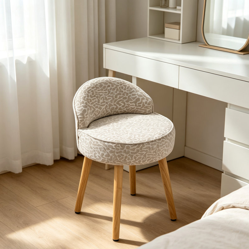 Upholstered Dressing Table Stool Vanity Stool with Rubberwood Legs, Beige, Chenille