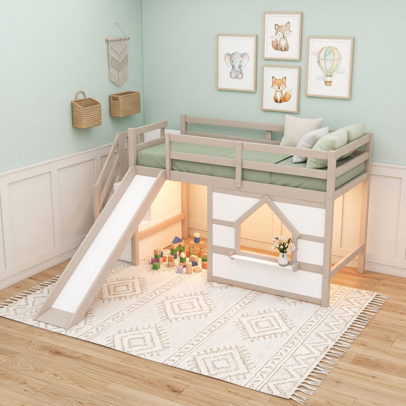 Lit superposé simple au-dessus de simple en bois avec lumières DEL, glissière et escalier de rangement en bois, Beige White