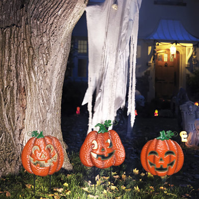 3 Pack Lighted Pumpkin Garden Stakes - Festive Halloween Outdoor Decor