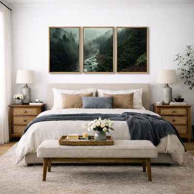 Misty Forest Landscape "Hazy Moody Dark Green River Nature Artwork, Tranquil Panoramic Modern Rustic Woodland Wall Pictures, Framed Canvas Giclée Print 3 Pieces Wall Art" 16"x24"x3 pcs, 24"x36"x3 pcs