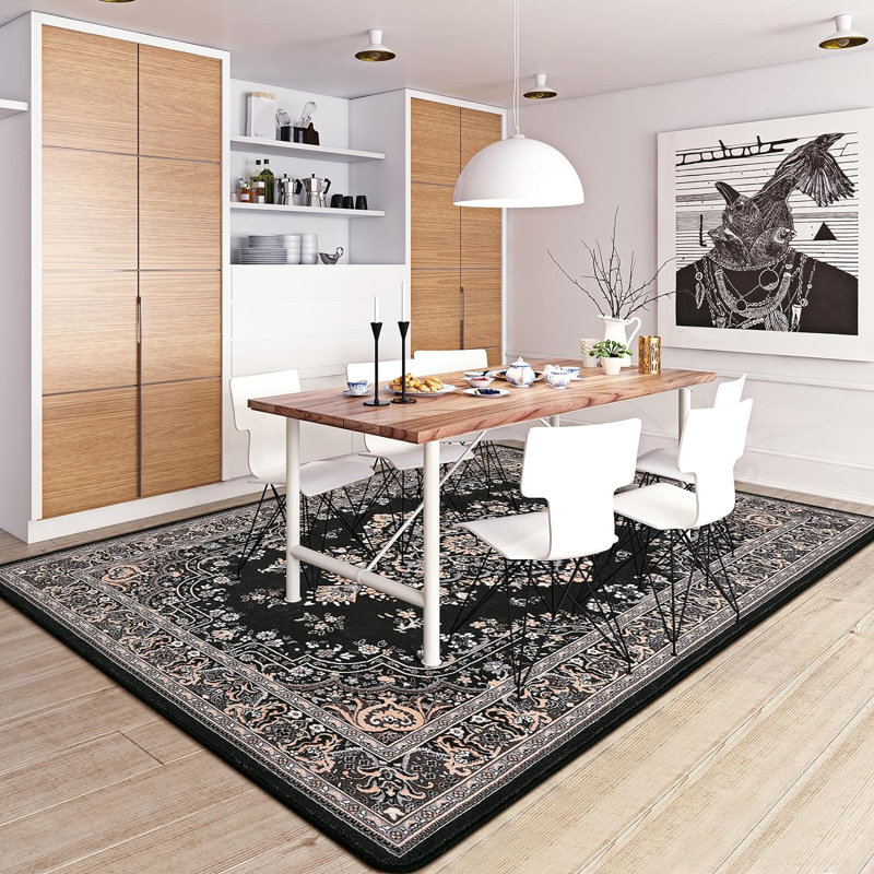 Delcine Washable Floral Indoor Rug, Black/Gray, Rectangle 5' x 7'