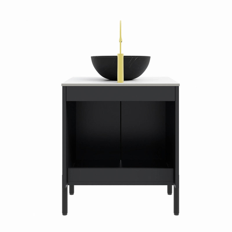Meuble-lavabo de salle de bain 24 po avec lavabo, meuble-lavabo autoportant avec cuve en céramique à 2 portes avec motif en pierre et comptoir en pierre frittée blanc de Carrare, sans robinet