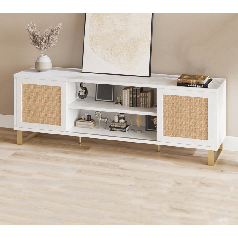 Meuble télé blanc avec rangement en rotin