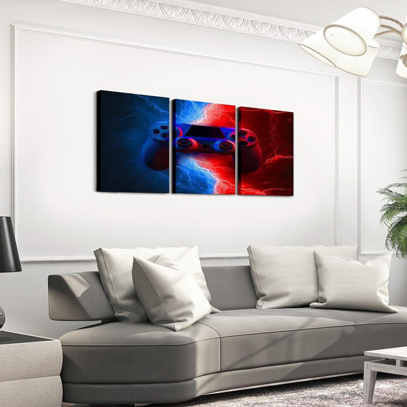 Video Game Room Decor Wall Decorations Gaming 3 Piece Wall Art for Living Room 16"L x 12"W Each,Red and Blue Lightning Gamer Picture Wall Decor
