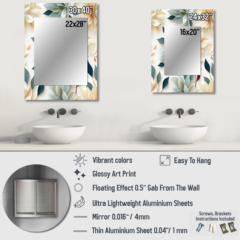 Hull Subtle Whispers - miroir floral, miroir mural floral unique, impression d'art en métal, 40 po x 30 po