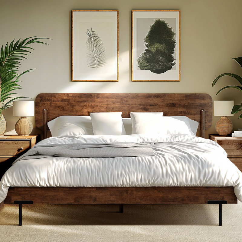 King Premium Solid Wood Bed Frame with Headboard, Scandinavian Signature Wood Platform Bed 800 lbs Capacity Walnut Finish, Fit All Mattresses, No Box Spring Needed, Non-Slip Noise-Free, Easy Assembly