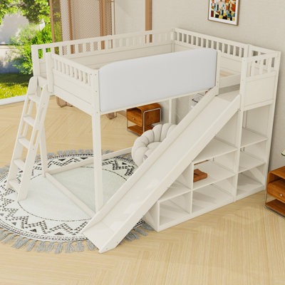 Wooden Loft Bed with Ample Storage and Slide
