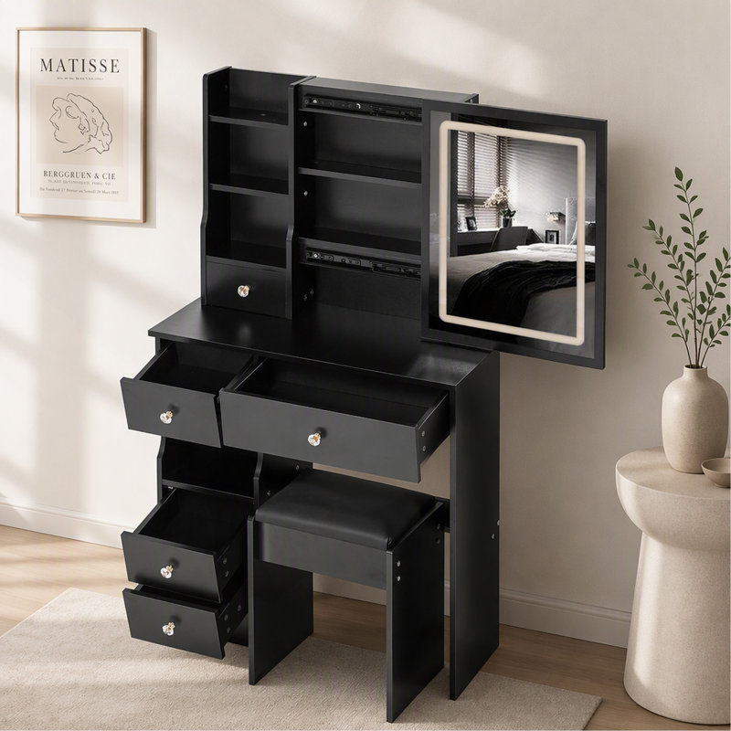 Ensemble de coiffeuse compact de 74 cm (29,2 po) avec miroir coulissant à éclairage DEL à intensité variable (3 couleurs), tiroirs à gauche et tabouret rembourré