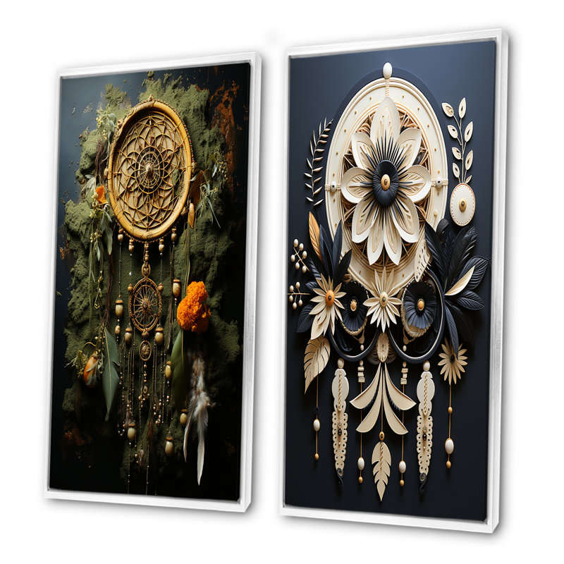 Native American Dream Catcher - Ensemble de 2 décorations murales Classics, Cadre flottant blanc, H 40 po x l 41 po