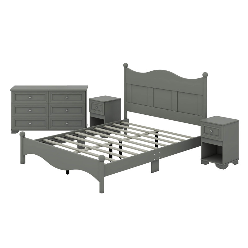  Ensemble de chambre à coucher de style rétro 4 pièces avec table de chevet et commode avec poignée en métal Anfernee, gris