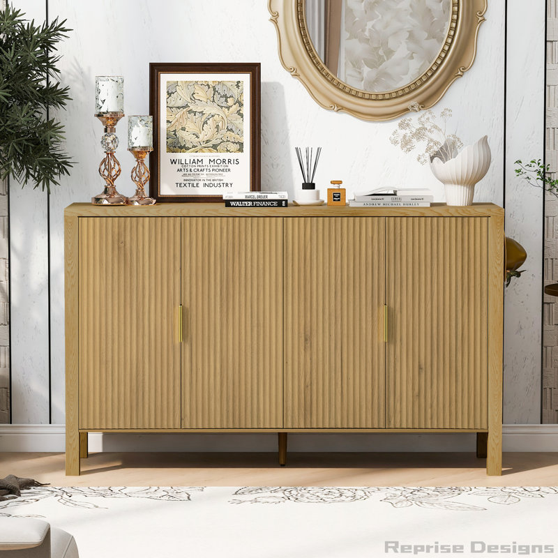 U_STYLE Modern 57.5" Stripe Door Storage Cabinet, 4-Door Sideboard with Back-of-Door Storage Racks & Side Hooks, Adjustable Shelves, MDF Cabinet with Aluminum Handles for Living Room, Dining Room