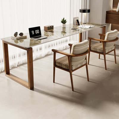 Brown Rectangular Sintered Stone + Solid Wood desk