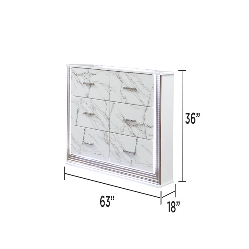 Commode à tiroirs en marbre avec finition blanche élégante, poignée métallique et six tiroirs spacieux pour un rangement élégant dans la chambre à coucher