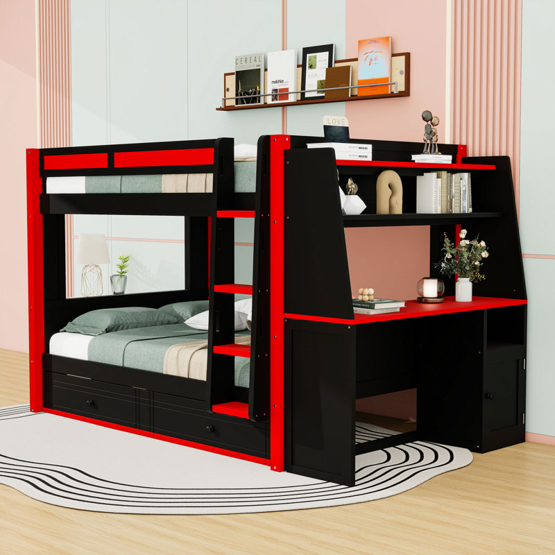 Lit superposé double en bois avec bureau et tiroir, Black/Red